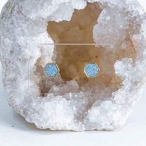3/$20 24k Gold Pastel Blue Glitter Resin Hexagon Handmade Stud Earrings